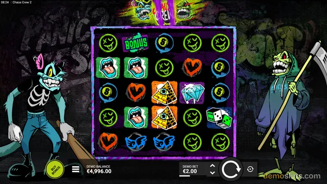 A 5x5 slot grid displays a variety of symbols including a green bonus tile, blue and orange pyramids, and a diamond, set against a dark urban background with cartoon characters.