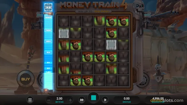 A screenshot of the Money Train 4 slot game showing a 6x5 grid of reels with bearded outlaw symbols and a vertical multiplier meter on the left.
