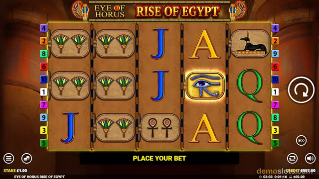 A slot game screen showing the title 'Eye of Horus Rise of Egypt' with a 5x3 grid of symbols including fans, letters, and Egyptian icons.