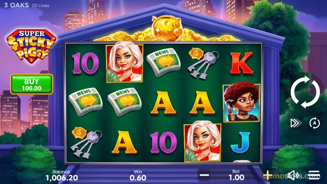 A 5x3 slot game grid titled Super Sticky Piggy is fully rendered, showing symbols like a blonde woman, a red-haired woman, newspaper icons, keys, coins, and letter characters.