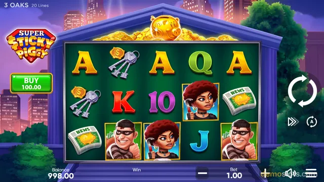 A 5x4 slot game titled Super Sticky Piggy shows a fully rendered reel grid with a bank building theme, featuring character symbols and letter/number symbols, with a BUY button on the left and a spin button on the right.