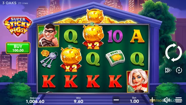 A 5-reel slot game titled Super Sticky Piggy shows a grid of symbols including piggy banks, card letters, and character portraits, with a win of 9.60 displayed at the bottom.