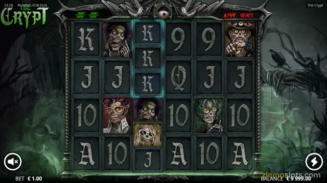 A 5x4 grid of slot game symbols with a dark, gothic art style featuring zombie characters and playing card values.