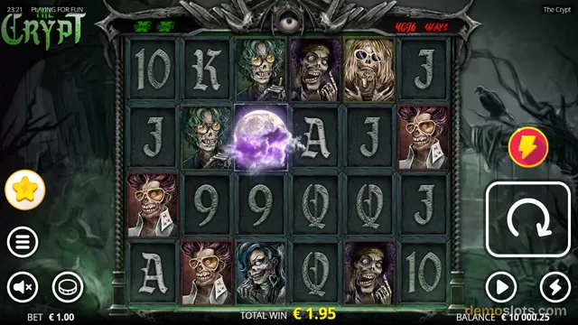 A 6x4 grid of a slot game called The Crypt showing a mix of playing card symbols and various zombie characters, with a purple swirling effect in the center of the grid.