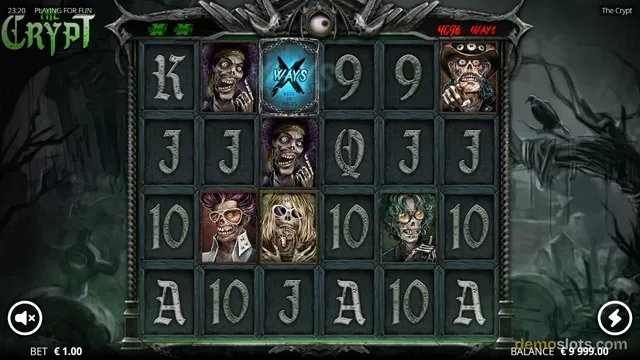 A dark-themed slot game titled The Crypt showing a 6x4 grid of symbols including playing cards and various zombie characters.