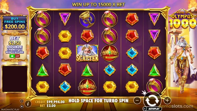 A 5x4 grid of the slot game Gates of Olympus displays a settled combination of mythological symbols with a Zeus character standing to the right of the reels.