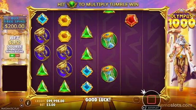 A slot game screen showing the Gods of Olympus title with a 5-column grid of symbols including a Zeus figure, golden goblets, and various colored gems.