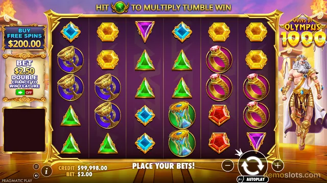 A slot machine screen displays a 6x5 grid of symbols including gems, goblets, and rings, with a Greek god character standing to the right.