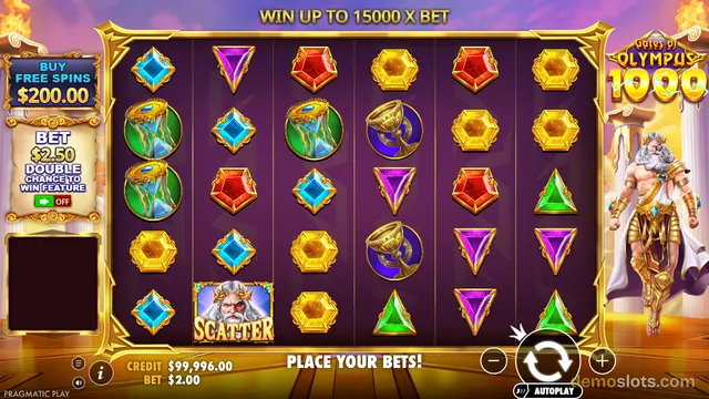 A screenshot of the Gates of Olympus slot game showing a 6x5 grid of symbols, a Zeus figure on the right, and a bet interface on the left.