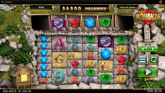 A fully rendered slot game grid for Bonanza showing colorful gem symbols and letter tiles set against a rocky mine background.