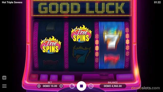 A slot machine game titled Hot Triple Sevens is displayed with a 'GOOD LUCK' sign above the reels and two 'Free Spins' logos on the grid.