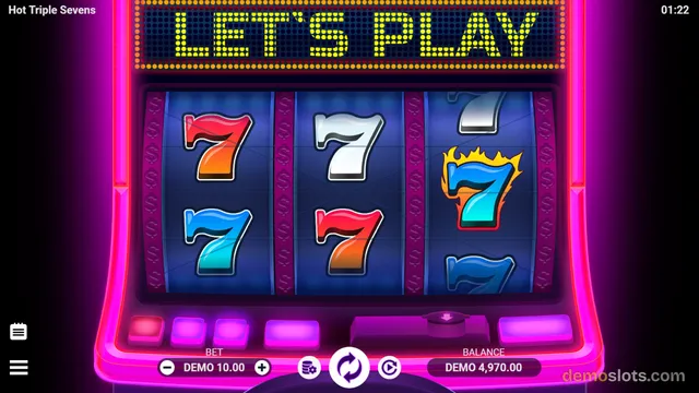 A slot machine screen titled Hot Triple Sevens displays a 3x3 grid of seven symbols with a LET'S PLAY marquee above and a control panel below.
