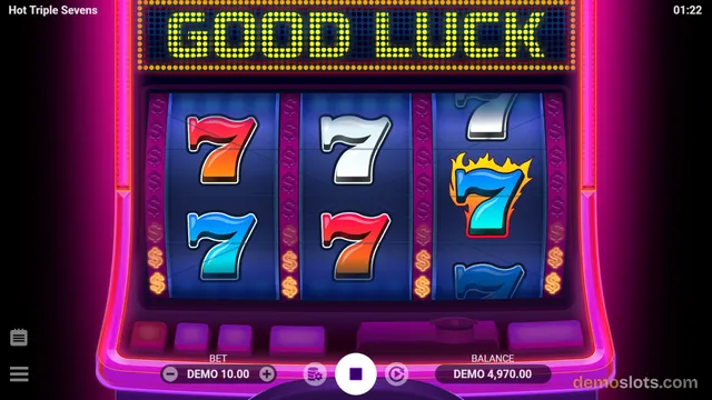 A neon-styled slot machine screen displays a 3x3 grid of seven symbols with a large LED text reading GOOD LUCK above the reels.