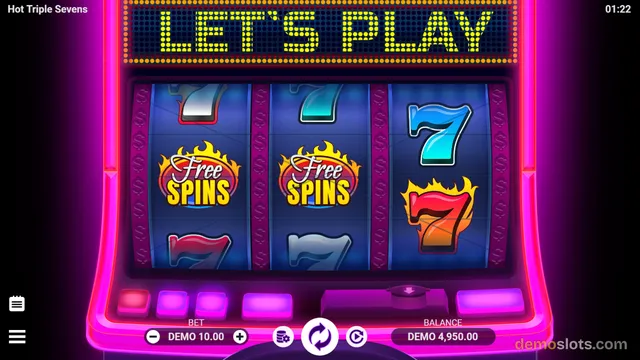 A 3-reel slot machine game named Hot Triple Sevens displays a mix of 7 symbols and Free Spins icons under a LET'S PLAY marquee.