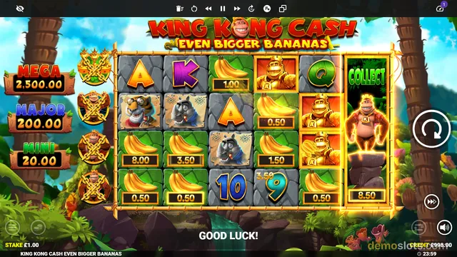 A screenshot of a King Kong themed slot machine game showing a 5x4 grid of symbols, a highlighted collect column, and jackpot multipliers on the left.