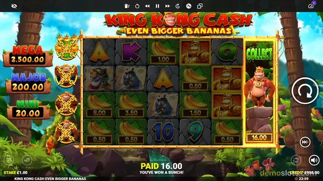 A fully rendered slot game screen for 'King Kong Cash Even Bigger Bananas' showing a 5x4 grid of symbols with a 'PAID 16.00' message at the bottom and a 'COLLECT' banner on the right side.