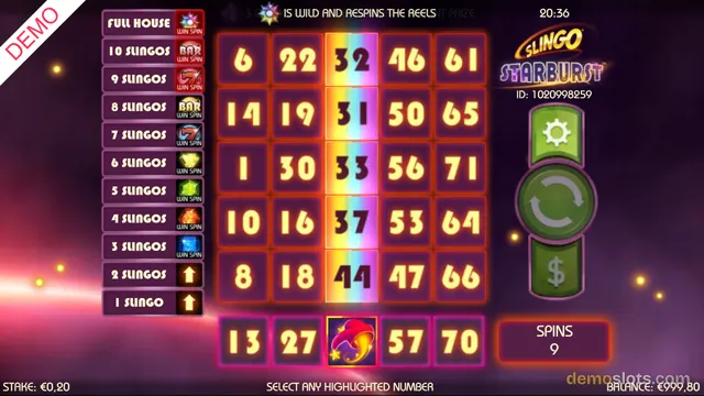 A slot machine screen from the game Slingo Starburst showing a 5x5 grid of numbered tiles with a rainbow highlight on the third column and a paytable on the left.