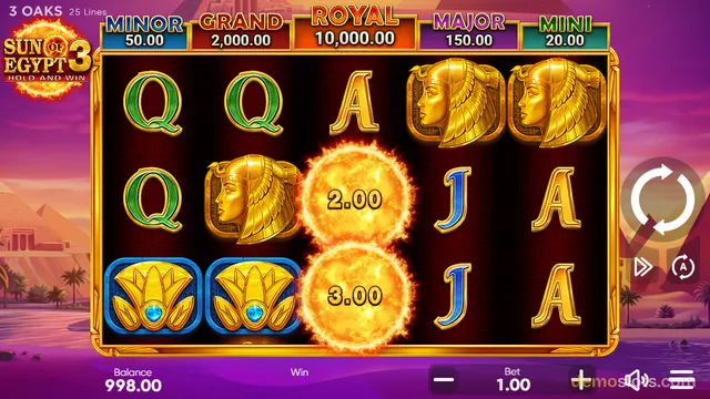 A fully rendered 5x3 slot grid from Sun of Egypt 3 showing a win with glowing multipliers in the center.