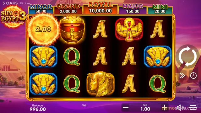 A 5-reel, 3-row slot game titled Sun of Egypt 3 Hold and Win shows a settled spin with a 2.00 win displayed on the first reel.