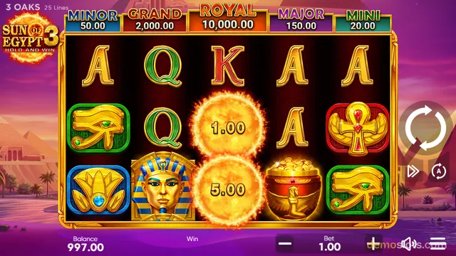 A 3x5 grid of an Egyptian-themed slot game displaying various symbols including a sun, pharaoh, and winged scarabs against a sunset background.