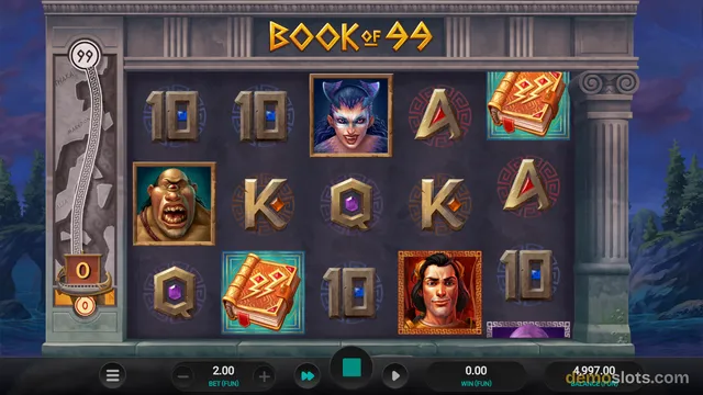 A fully rendered screenshot of the Book of 99 slot game showing a settled 3x5 reel grid with stone and character symbols against a dark background.