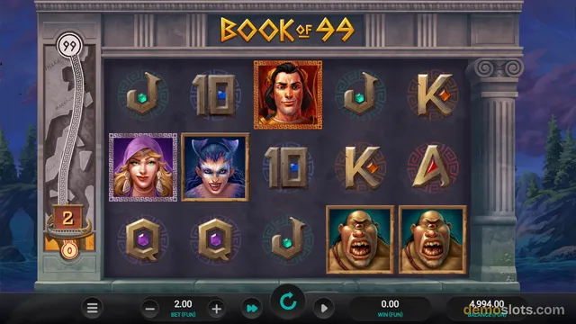 A 5x3 video slot grid displays a mix of playing card letters and portrait symbols against a stone temple backdrop with a 'BOOK OF 99' title.