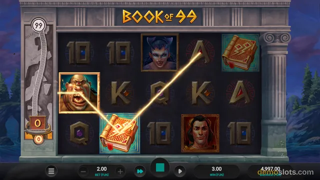 A slot machine interface titled 'Book of 99' displays a 5x3 grid of symbols with a golden win line connecting three book symbols across the reels.