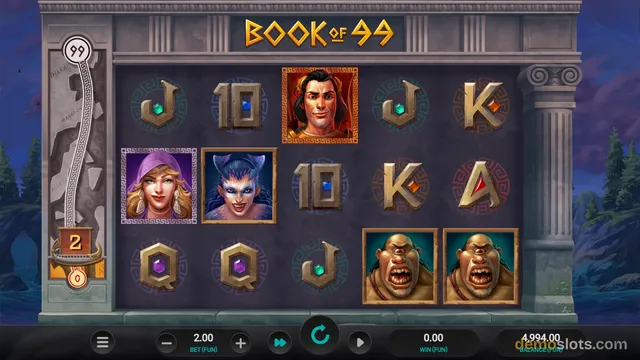 A 5x3 slot game grid titled Book of 99 displays a mix of card symbols, gem icons, and character portraits on a stone temple-themed interface.
