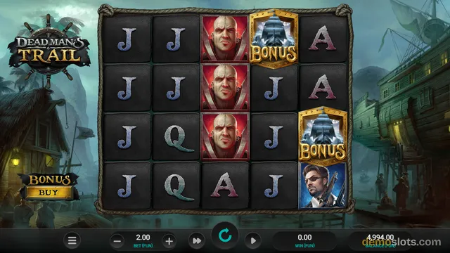 A 5x4 slot grid displays pirate-themed symbols including letters, a man's face, and a bonus ship, set against a background of a ship and dock.