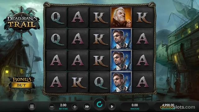 A 5x4 grid slot game titled Dead Man's Trail showing pirate-themed symbols and a bonus buy button.