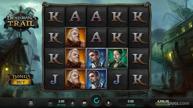 A 5x4 grid slot game titled Dead Man's Trail showing pirate-themed character portraits and letter symbols on dark tiles against a misty harbor background.