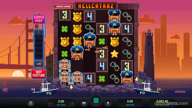 A fully rendered grid of 5 reels and 5 rows displays various symbols including police officers and numbers against a sunset city skyline background.