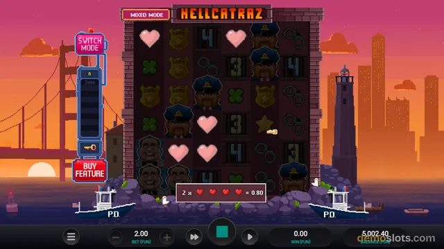 A slot game screen titled Hellcatraz showing a 5x5 grid of symbols against a pixel-art sunset city background.