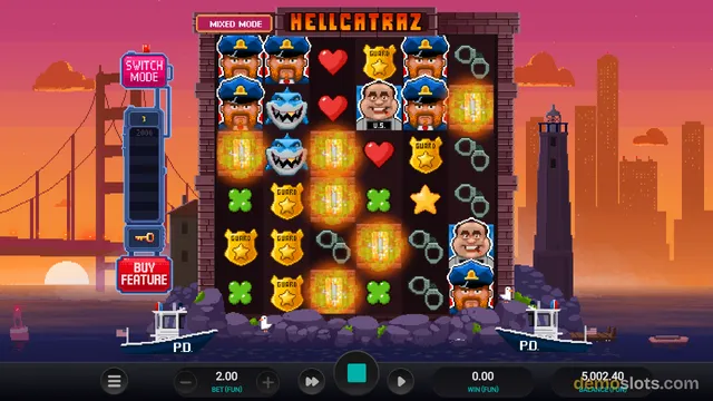 A pixel-art slot game screen shows a 5x5 grid of symbols including police officers, sharks, and gold bars, set against a sunset city background with a bridge and lighthouse.