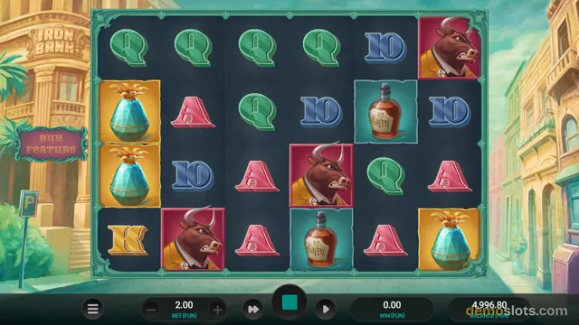 A 5x4 slot game grid displays symbols including bulls, bottles, and gemstones against a city street background.