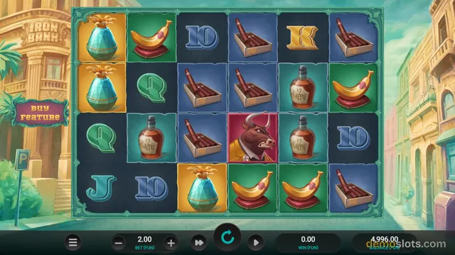 A fully rendered 6x4 slot game grid displaying various symbols including fruit, cigars, and a bull character, set against a sunlit city street background.