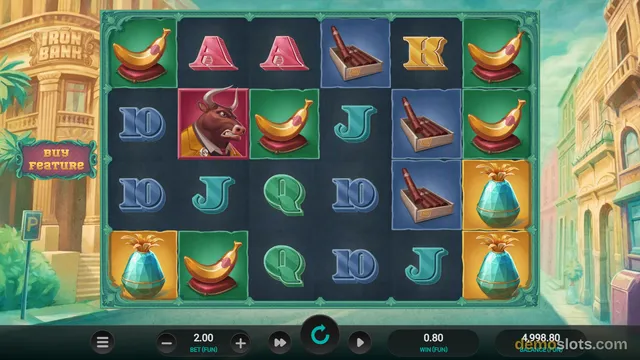 A slot game screen showing a 6-column by 4-row grid of symbols including bananas, cigars, a bull, and letter tiles set against a city street background.