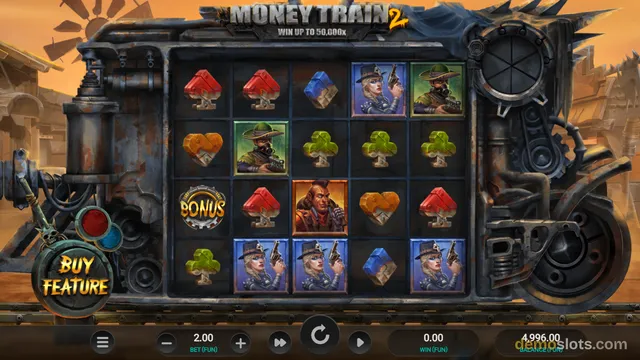 A fully rendered grid of symbols from the slot game Money Train 2, displayed on a mechanical train set against an orange desert background.