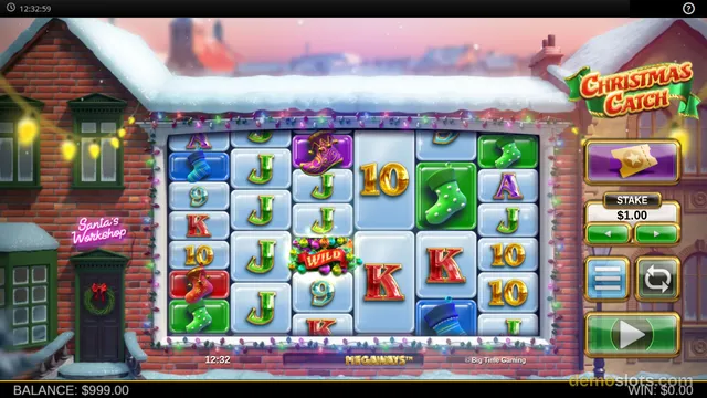 Christmas Catch Megaways slot showing Christmas-themed symbols with green stockings, card values, and a wild symbol visible.