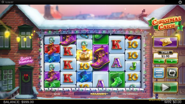 Christmas Catch Megaways slot showing Christmas symbols, golden egg scatter, and various card and themed icons.