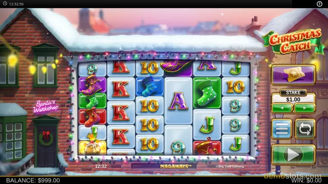 Christmas Catch Megaways slot with festive snow setting, showing green stockings, card values, and various symbols on reels.