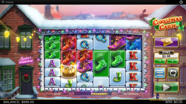 Christmas Catch Megaways slot with festive snow setting, showing green stockings, card values, and golden egg scatter symbol.