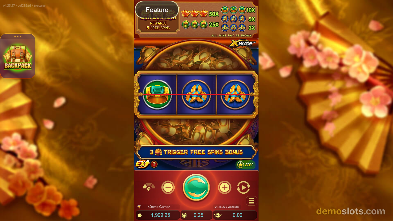 A 3x3 slot game shows three symbols in the center reels, with a '3 WIN TRIGGER FREE SPINS BONUS' banner below and paytable information above.