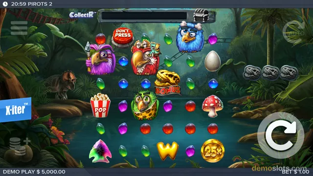 A brightly rendered grid-based slot game featuring colorful bird characters and gem-like objects in a jungle environment.