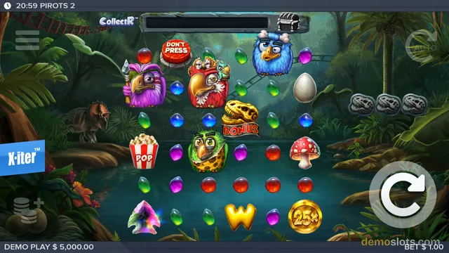 A brightly rendered jungle-themed slot game screen showing a grid of bird characters, gems, and a bonus skull over a river background.