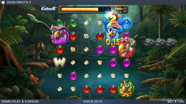 A brightly rendered screenshot of the slot game 'PIROTS 2' showing a jungle-themed grid with bird characters, gems, and a win amount displayed.
