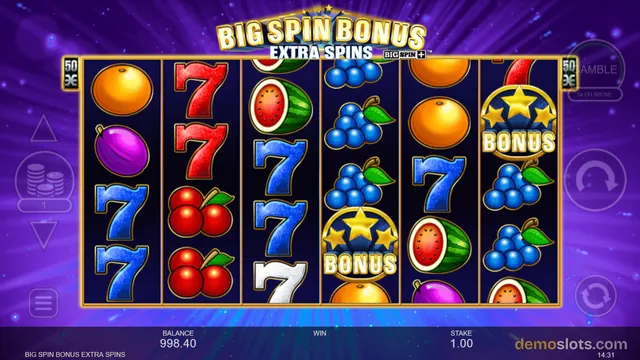 A slot game grid shows fruit symbols on a 5-reel layout with a title banner reading Big Spin Bonus Extra Spins.