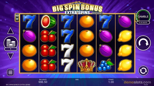 A slot game titled BIG SPIN BONUS EXTRA SPINS shows a 6-reel, 3-row grid of fruit and number symbols against a purple background.