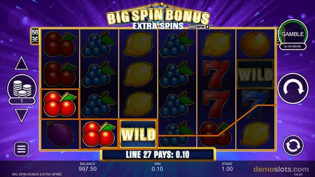 A slot game screen titled Big Spin Bonus Extra Spins shows a 6-reel grid with fruit symbols and a winning line highlighted.
