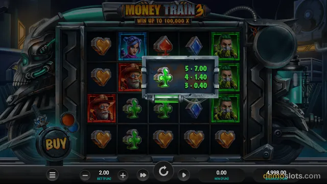 A 5x4 slot grid for Money Train 3 is displayed with a central pop-up showing a win calculation and a BUY button on the left.